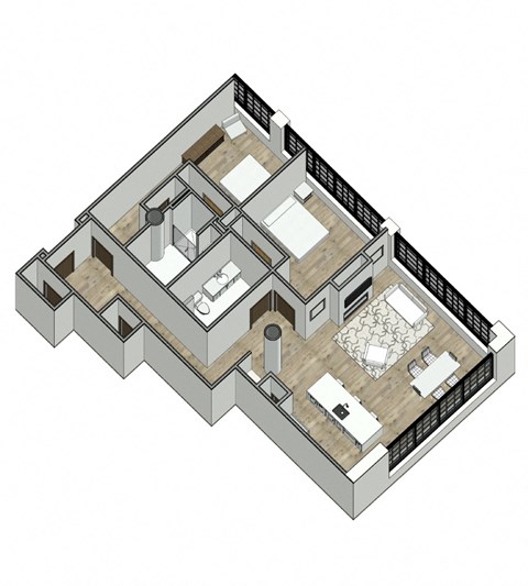 Floor plan for 2 beds, 2 baths, 1307 sqft